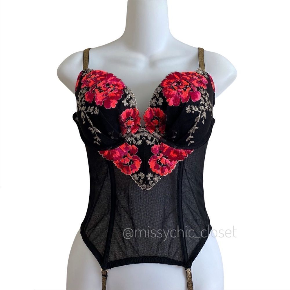 Victoria’s Secret Black Red Floral lingerie Corset, Size 34D